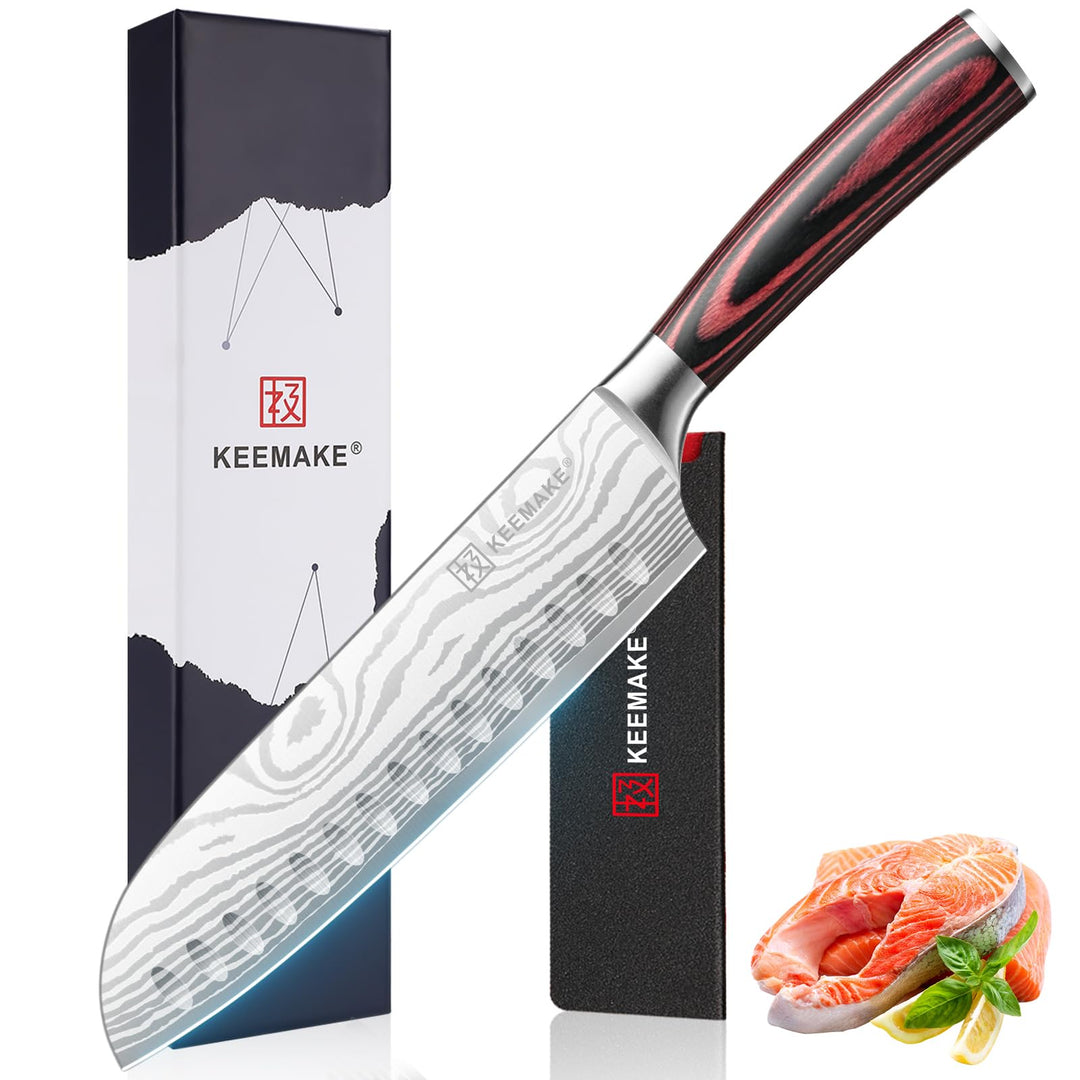 KEEMAKE Küchenmesser Santoku Messer, 18cm Messer Küche Kochmesser aus Edelstahl mit Klingenschutz, S