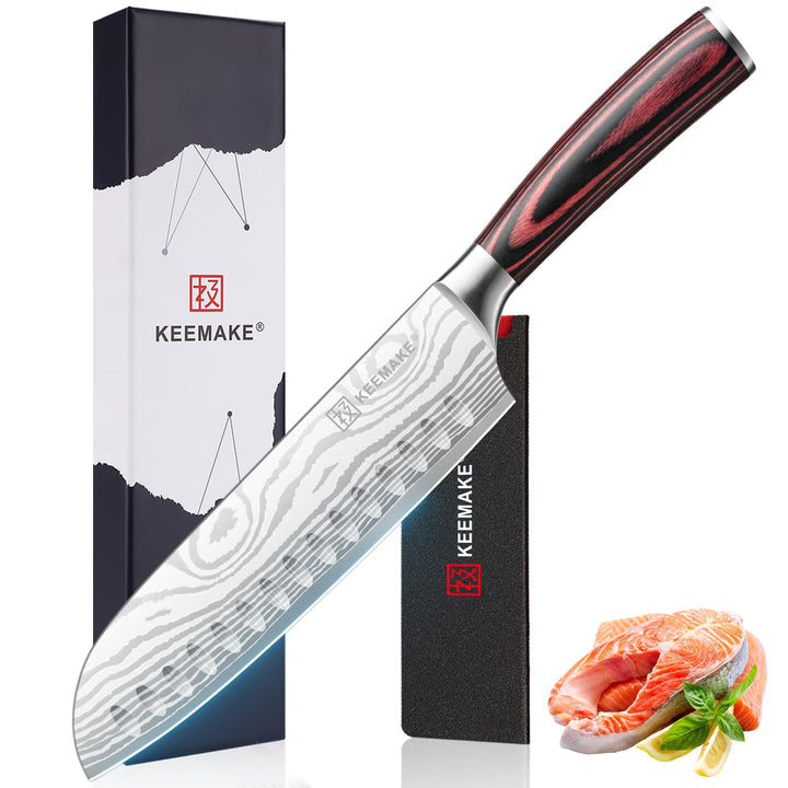 KEEMAKE Küchenmesser Santoku Messer, 18cm Messer Küche Kochmesser aus Edelstahl mit Klingenschutz, S