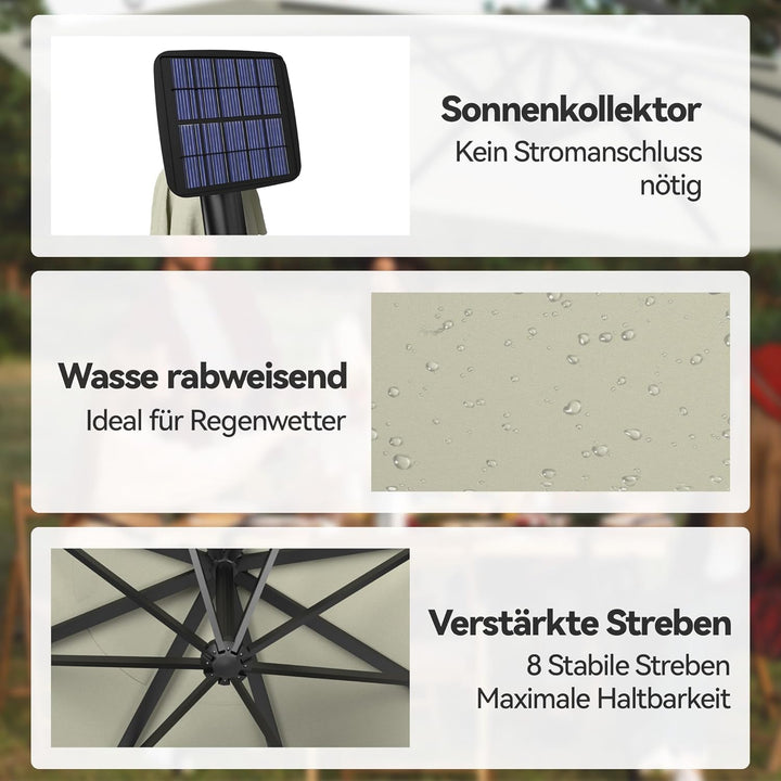 ACXIN Alu Sonnenschirme Ø350cm mit Solar LED Beleuchtung Ampelschirm mit Kurbelvorrichtung Höhenvers