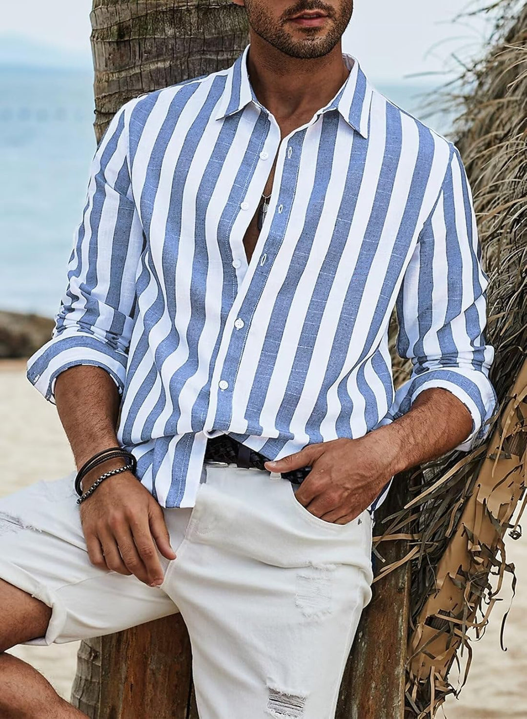 Meilicloth Herren Hemd Langarm Sommer Gestreifte Freizeithemden Casual mit Knöpfen Regular Fit A Him