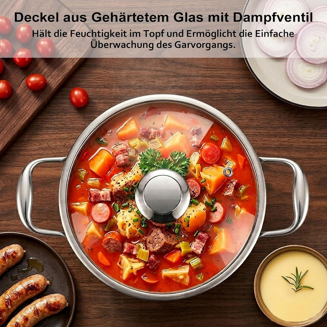 Edelstahl Suppentopf 26 cm - 4.5 Liter - Mit Glasdeckel - Induktionsgeeignet - PFAS-frei - Spülmasch