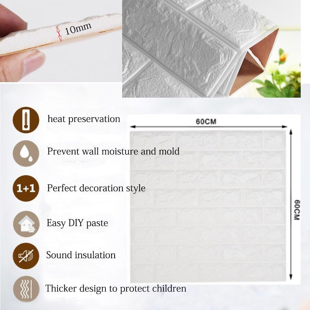 Leisu 3D tapeten wandsticker Wandpaneele selbstklebend weiss Ziegelstein-Tapete Brick Muster Tapete