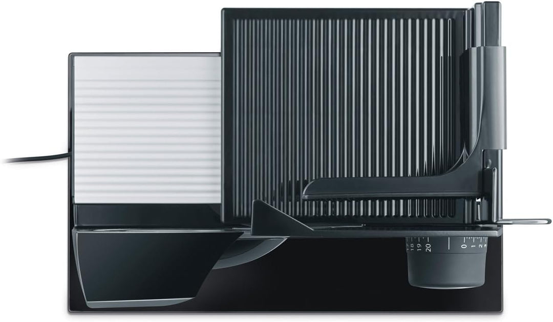 GRAEF Allesschneider STYLE S12002 Schwarz mit Glasbodenplatte, Edelstahl-Wellenschliffmesser, stufen
