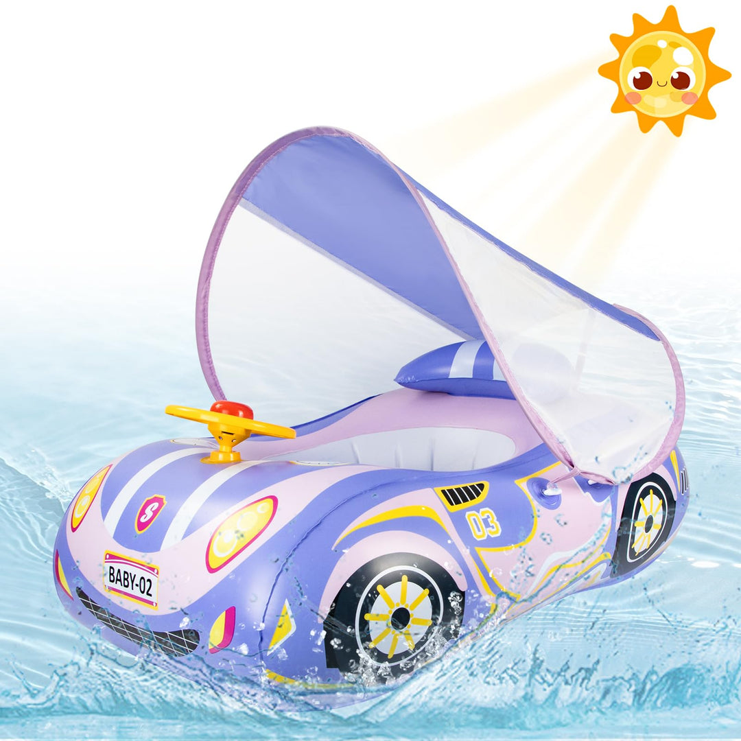 Olycism Baby Schwimmring mit Sonnendach UPF50+ & Spielzeug Spielen Lenkrad Kinderboot Babyschwimmrei