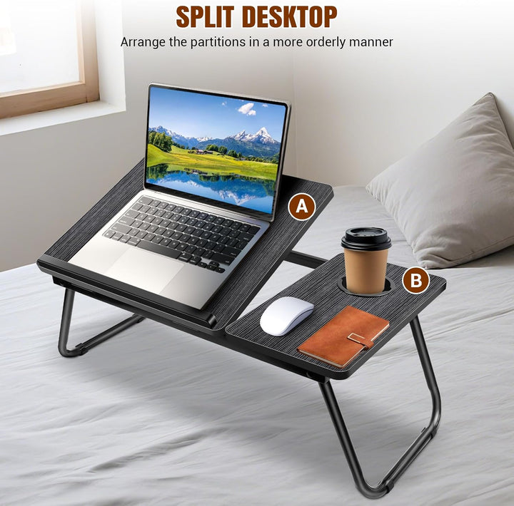 Laptop Bed Table with Foldable Legs &amp; Cup Slot,5-Level Height and Angle Adjustable Holder Notebook S