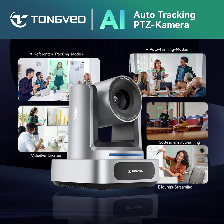 TONGVEO AI 4K PTZ Kamera mit Auto-Tracking, 10-facher optischer Zoom Videokonferenzkamera, HDMI & US
