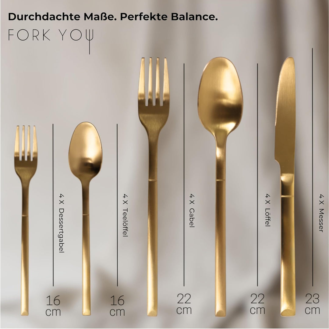 Besteckset Gold Matt (20-teilig) für 4 Personen – inkl. Kuchengabeln – Edelstahl 18/10, rostfrei & s