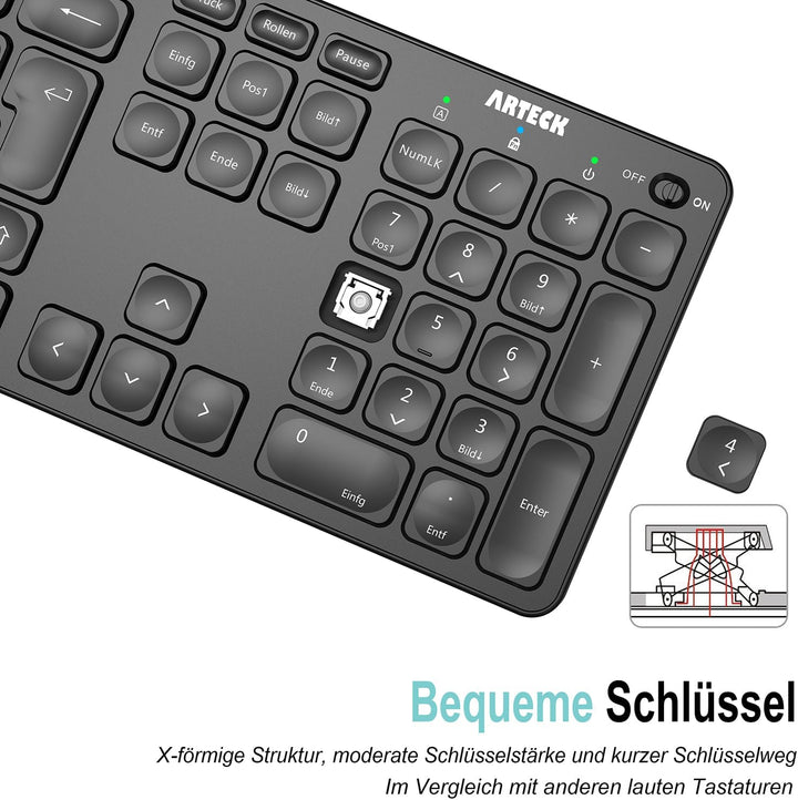 Arteck Kabellose Tastatur, Deutsches QWERTZ Layout wiederaufladbare USB Anschluss 2,4 GHz Kabellos T