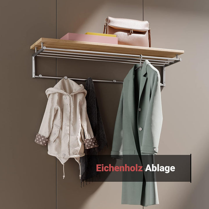 PHOS Design, G17-800-Eiche, 80 cm breite Edelstahl Wandgarderobe mit 4 Kleiderstangen, 5 Kleiderhake