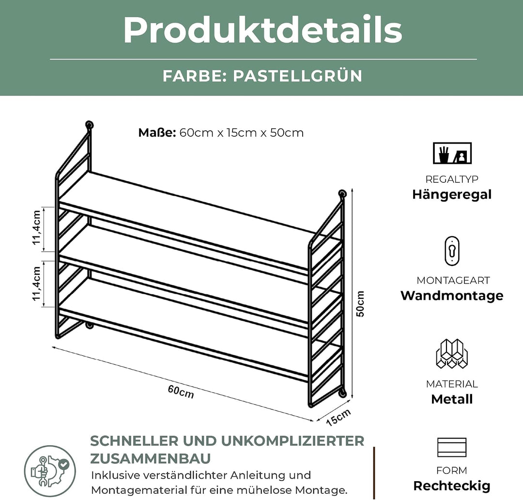 [en.casa] Modulares Wandregal Strängnäs Metallregal Pastellgrün Hängeregal mit 3 Regalböden Badregal