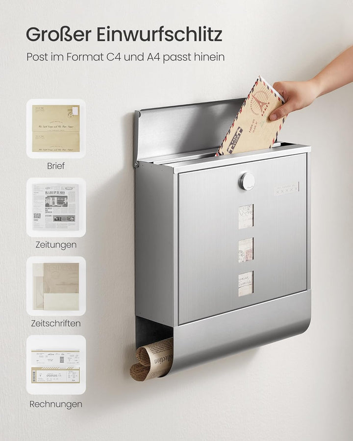 SONGMICS XXL Briefkasten, Edelstahl mit Zeitungsfach, Schloss mit Kupfer-Schliesszylinder und drehba