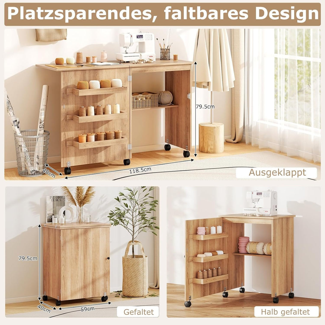 GIANTEX Nähtisch klappbar, Nähmaschinentisch auf Rollen, Nähtisch für Nähmaschine, Nähschrank Holz,