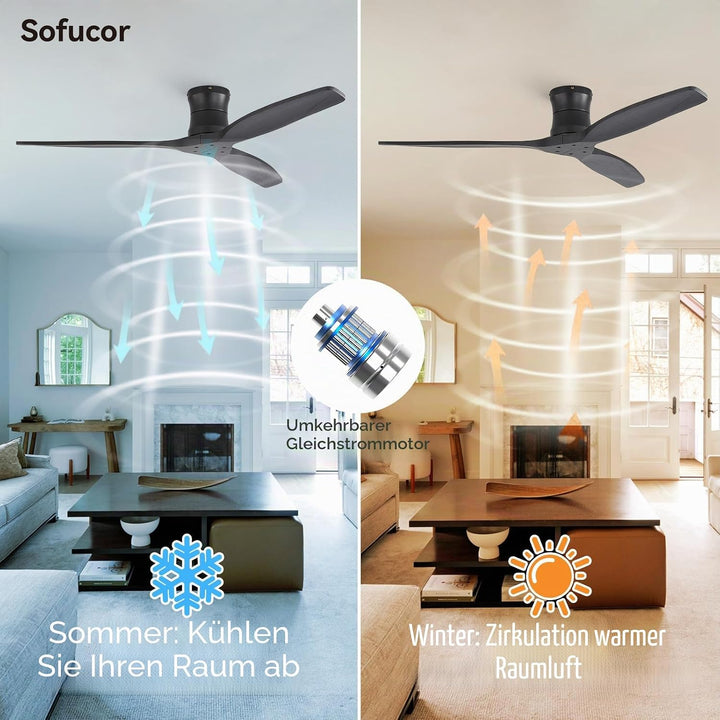 Sofucor Smart Deckenventilator mit Alexa/APP, 132cm Massivholz Deckenventilator mit Fernbedienung, W