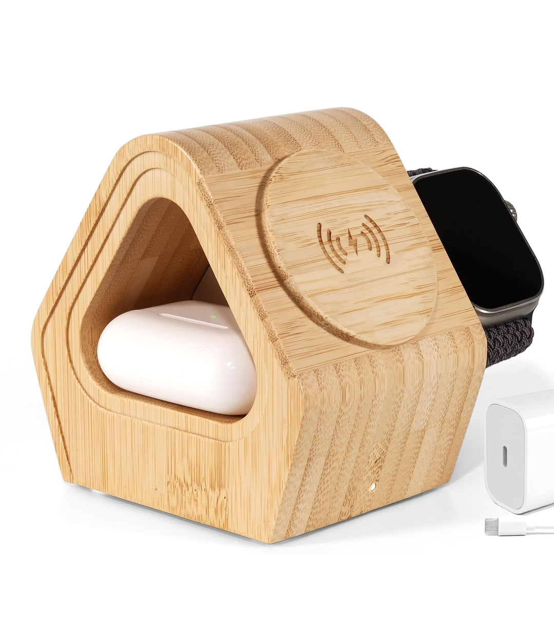 Kabellose Bambus-Ladestation für Apple: 3-in-1-Ladeständer mit Kabinen-Stil für iPhone 16, 15, 14, 1