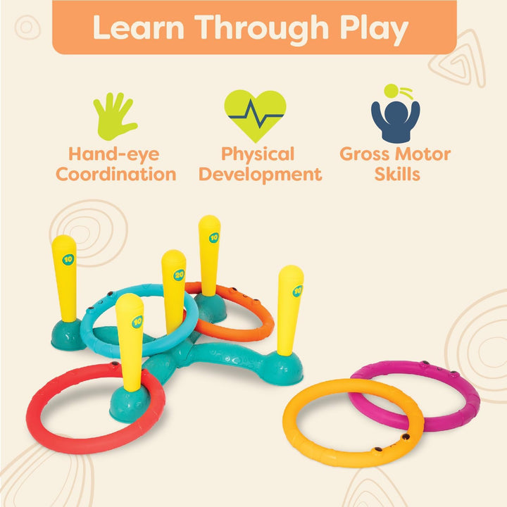 B. toys - Sling-A-Ring-Wurf - Ringwurfspiel - Drinnen und Aussen - Spiele für Kinder - 5 Stifte & 5