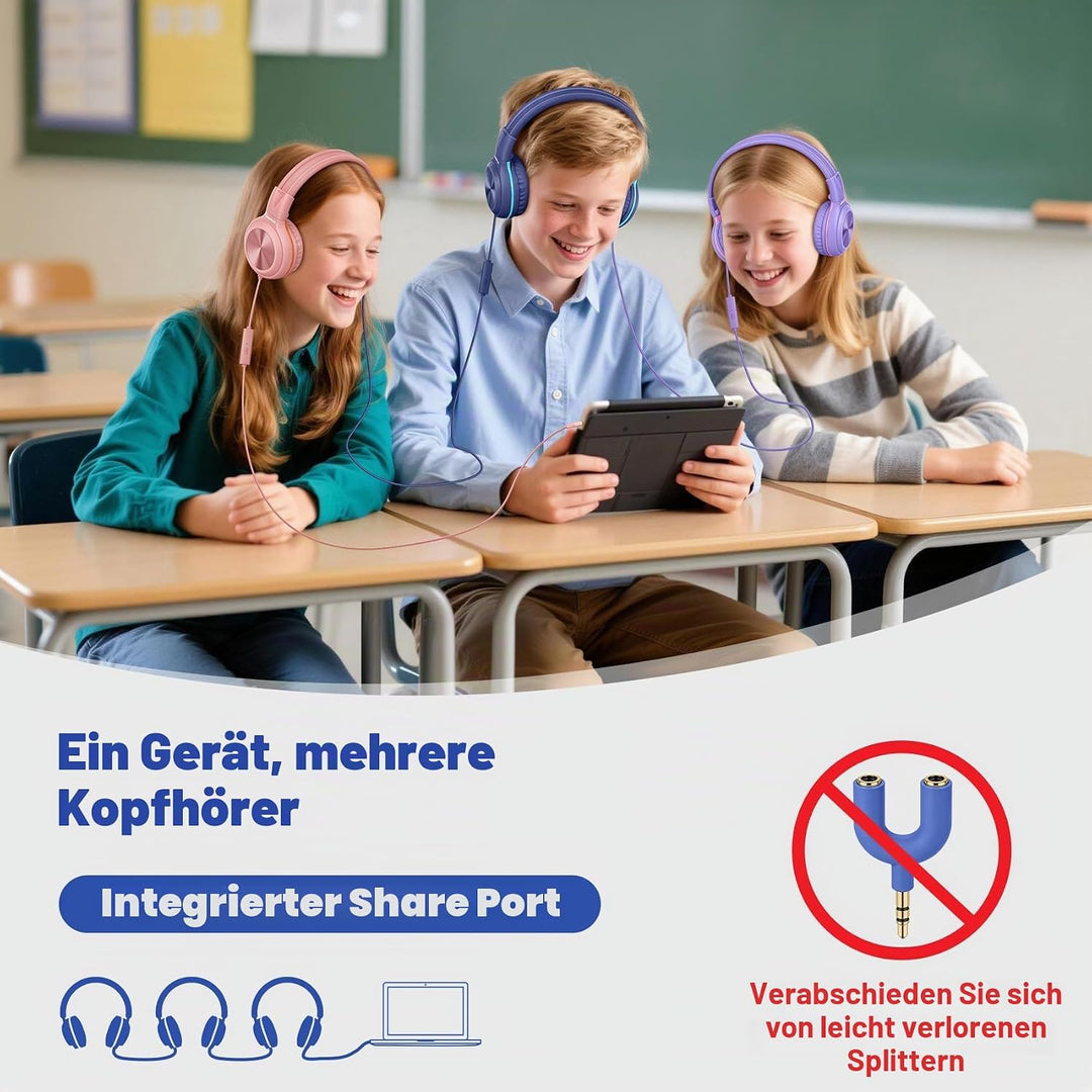 SIMOLIO Kopfhörer mit 1,5 Meter langem Kabel, Kopfhörer für Mädchen mit Mikrofon und Lautstärkeregle