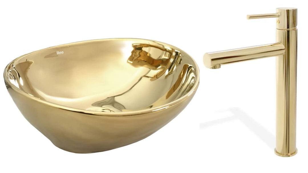 VBChome Waschbecken Gold + Armatur 41 x 35 x 15 cm Kleine Keramik Oval Waschtisch Handwaschbecken Au