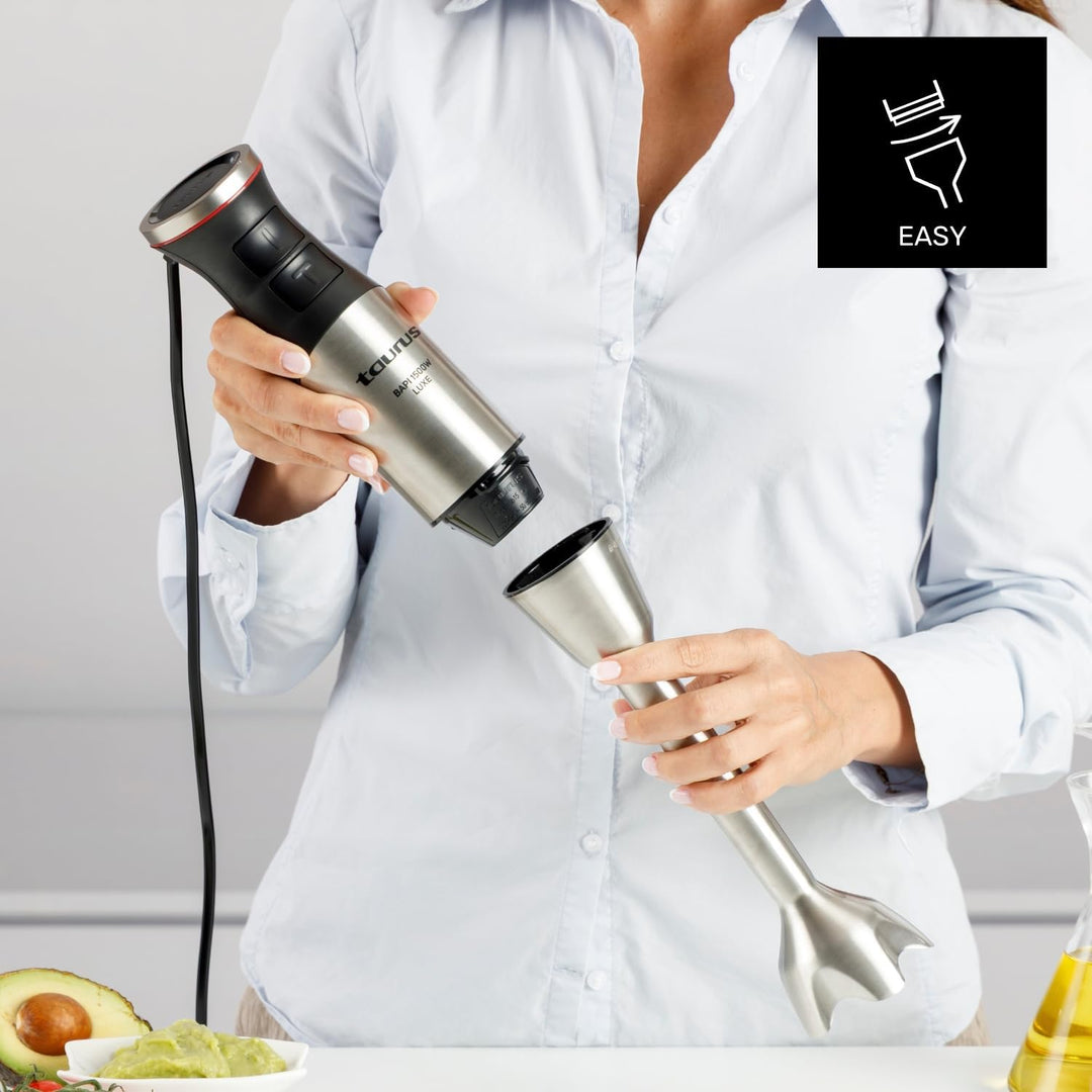 Taurus – Stabmixer 1500W | 20 Geschwindigkeiten + TURBO | Edelstahlklingen | Spritzschutzglocke | Er