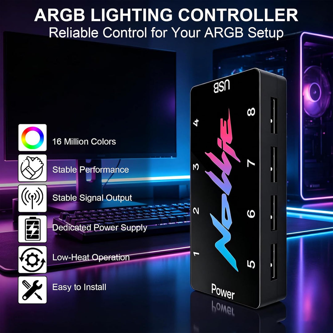 8-Port Signal RGB Controller, 5V 3PIN SATA-Gespeister ARGB-Controller PC-Beleuchtungs-Hub mit 2 SATA