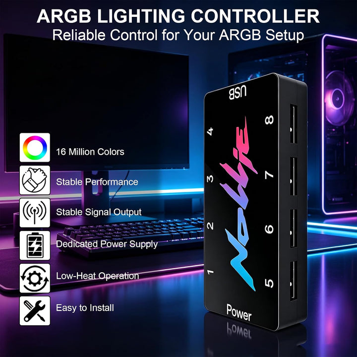 8-Port Signal RGB Controller, 5V 3PIN SATA-Gespeister ARGB-Controller PC-Beleuchtungs-Hub mit 2 SATA