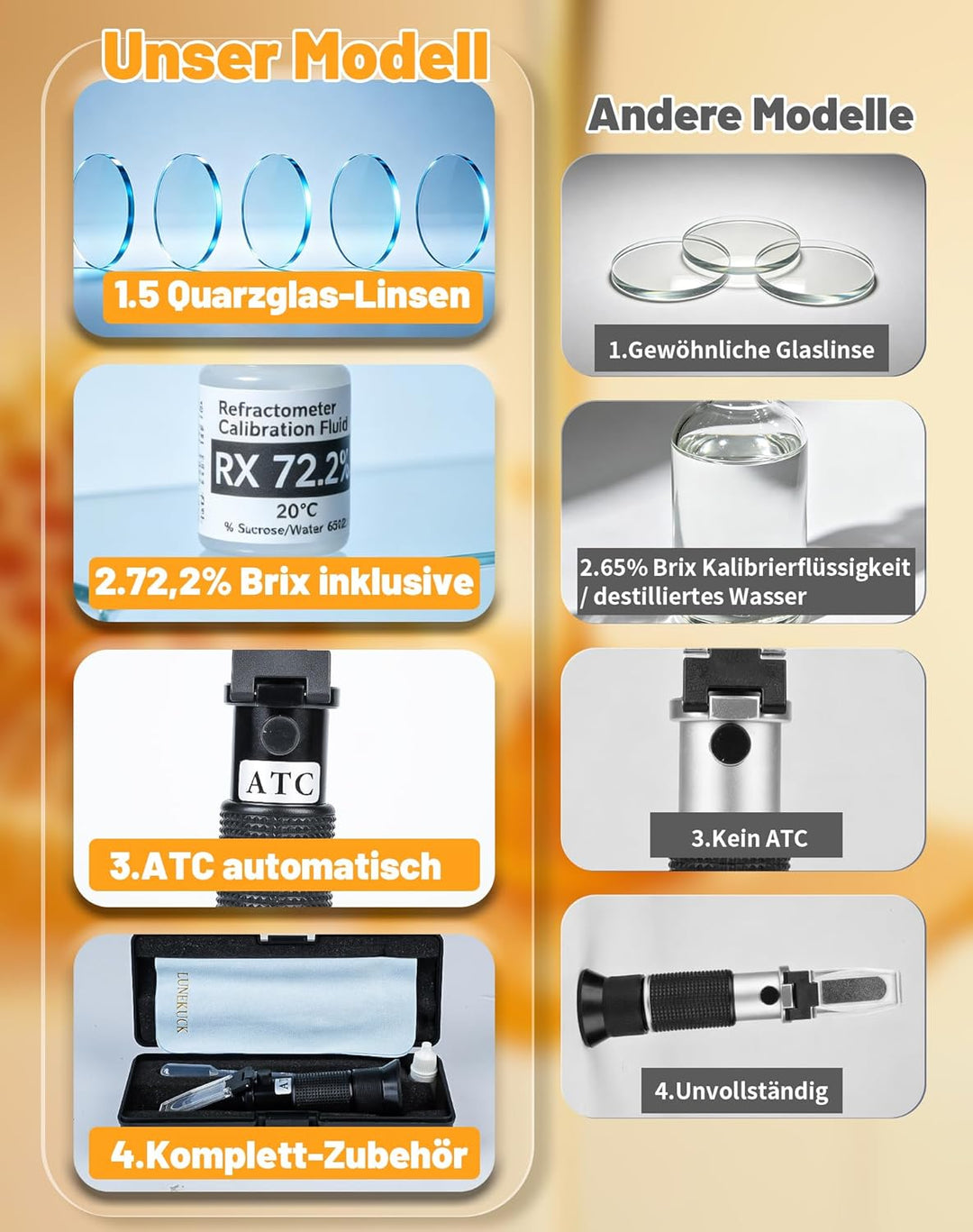 2-in-1 Honig Refraktometer für Imker, Brix 58-90% & Wasser 12-32% – Inkl 72,2% Kalibrierflüssigkeit,