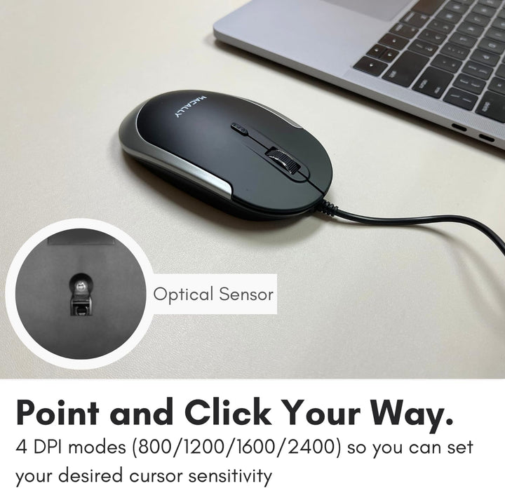 Macally DYNAMOUSE, MacBook Maus mit 3 Tasten und Scrollrad, optisch mit Kabel, Mouse für USB-A Noteb