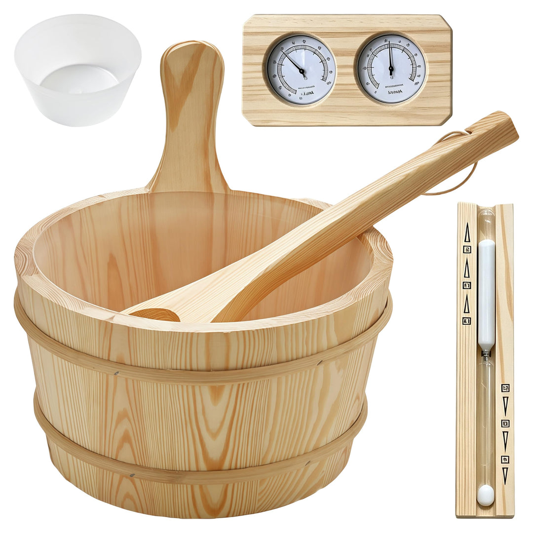 Saunaeimer aus Hitzebeständigem Holz Set mit Schöpflöffel Sanduhr