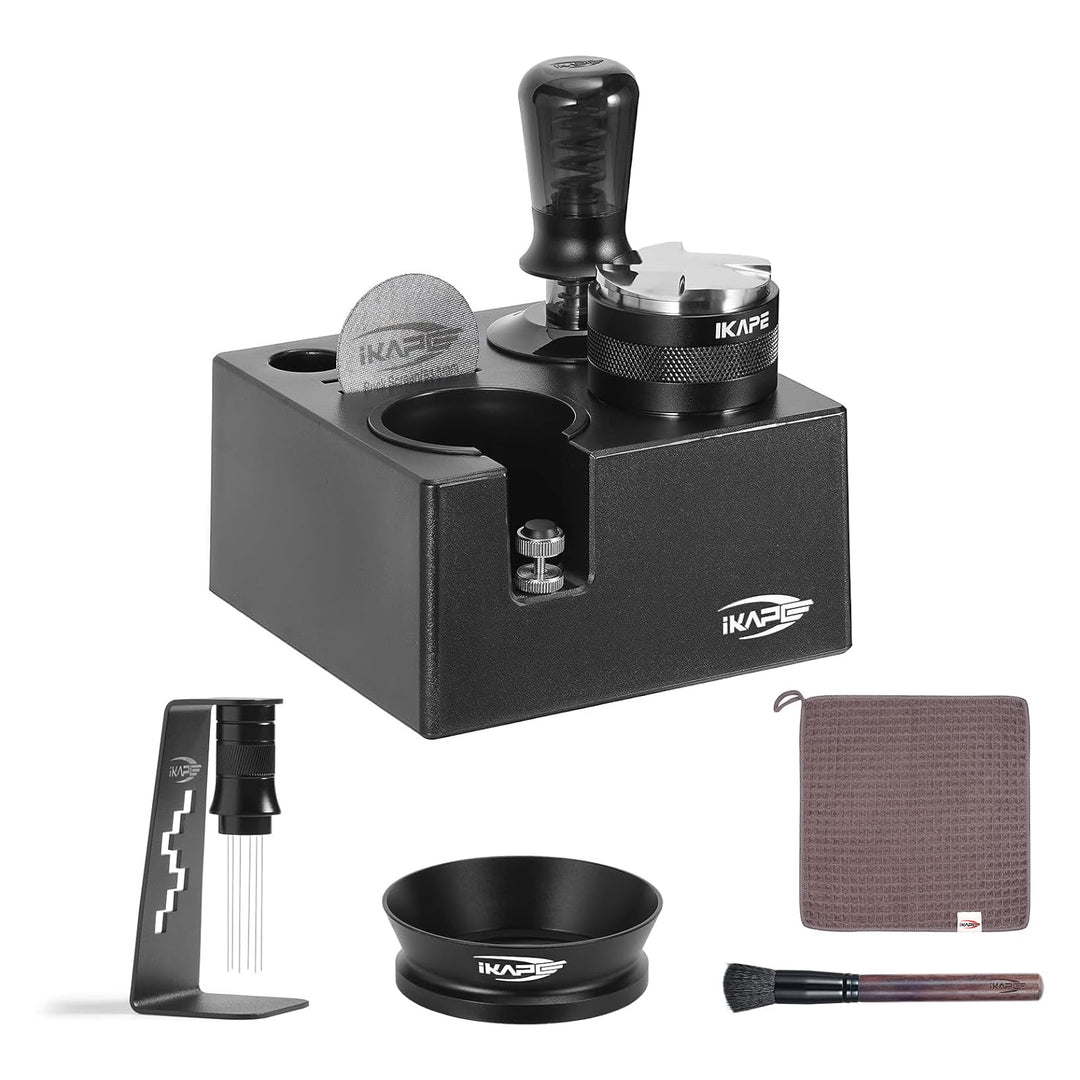 IKAPE 58 mm Espresso-Werkzeugset, schwarz, 8-in-1: Kaffeetamper, Verteiler, Magnettrichter, Pucksieb