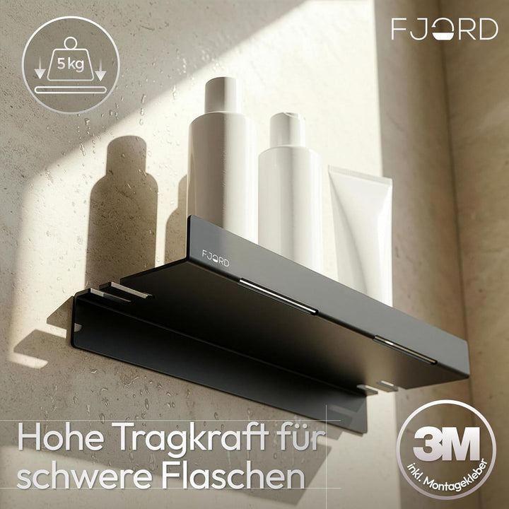 FJORD Flow Premium Duschablage ohne Bohren [Matt Schwarz] – Design Duschregal mit integriertem Rasie