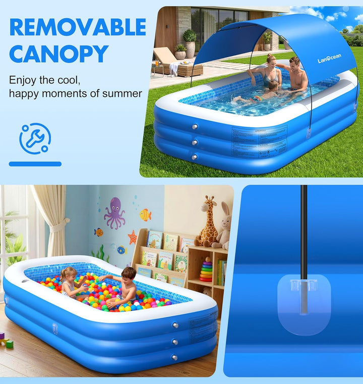 LanOcean Aufblasbarer Pool mit Sonnenschirm, 280*160*50CM Rechteckig Planschbecken für Kinder Gross,