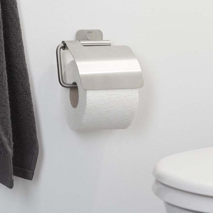 Tiger Colar Toilettenpapierhalter, Edelstahl gebürstet, mit integrierter Klebefolie zur Montage ohne