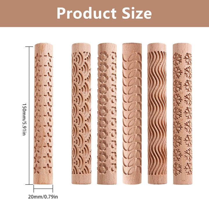 6 x Holz-Tonroller, Modelliermuster-Roller-Set, Töpfereimuster-Roller, Ton-Nudelholz, strukturierter