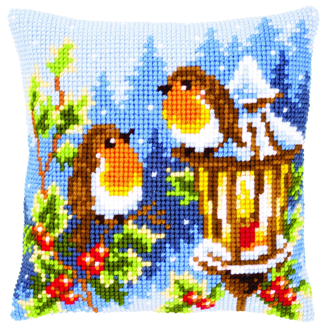 Vervaco Rotkehlchen mit Lampe Kreuzstichkissen/Stickkissen inklusive Material, Baumwolle, Mehrfarbig
