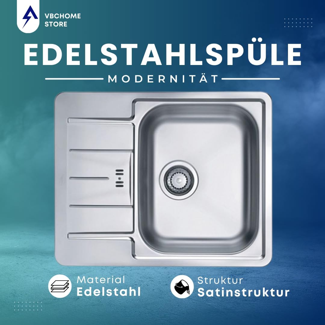 VBChome Edelstahlspüle 62x50 cm Satinstruktur Spülbecken Einbauspüle Abtropffläche Camping Küchenspü
