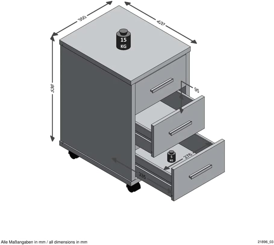 FMD Möbel, 367-002E Diego 2 Rollcontainer, Holzwerkstoff, Beton La/Hochglanz-weiss, Masse 35.0 x 53.