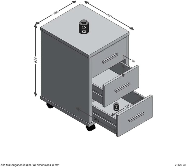 FMD Möbel, 367-002E Diego 2 Rollcontainer, Holzwerkstoff, Beton La/Hochglanz-weiss, Masse 35.0 x 53.