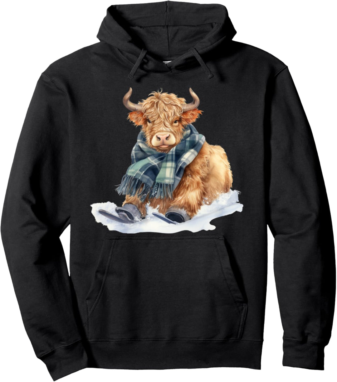 Lustige schottische Highland Kuh Grün Plaid Narben Schneeschuh Ski Pullover Hoodie