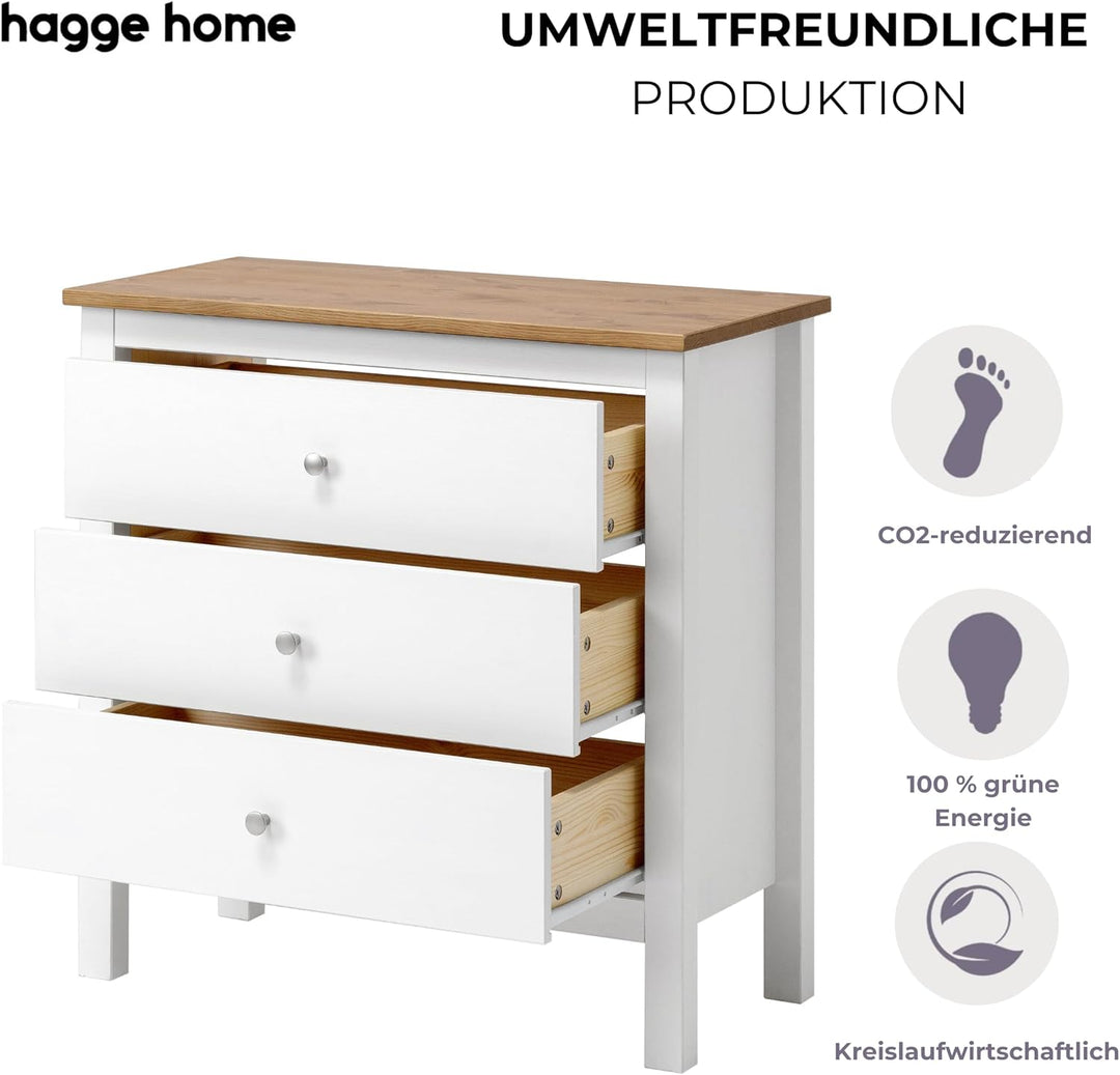 hagge home Skandinavisch Holz Kommode mit 3 Schubladen Sideboard Ladenkommode Beistellschrank für Fl