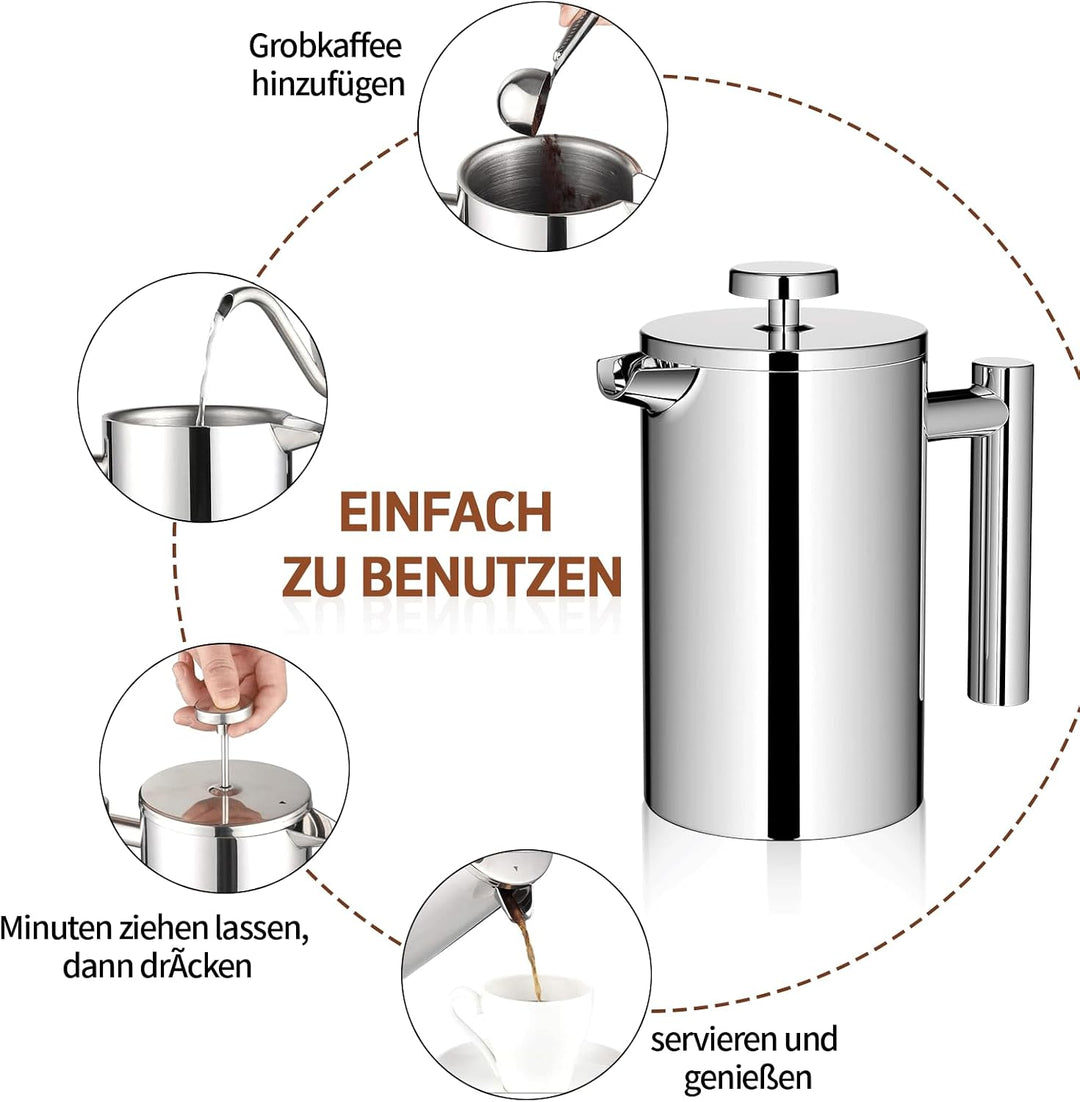 Kaffeebereiter 1000ml, French Press Edelstahl, Kaffeepresse 8 Tassen mit 3 Edelstahlfilter System, D