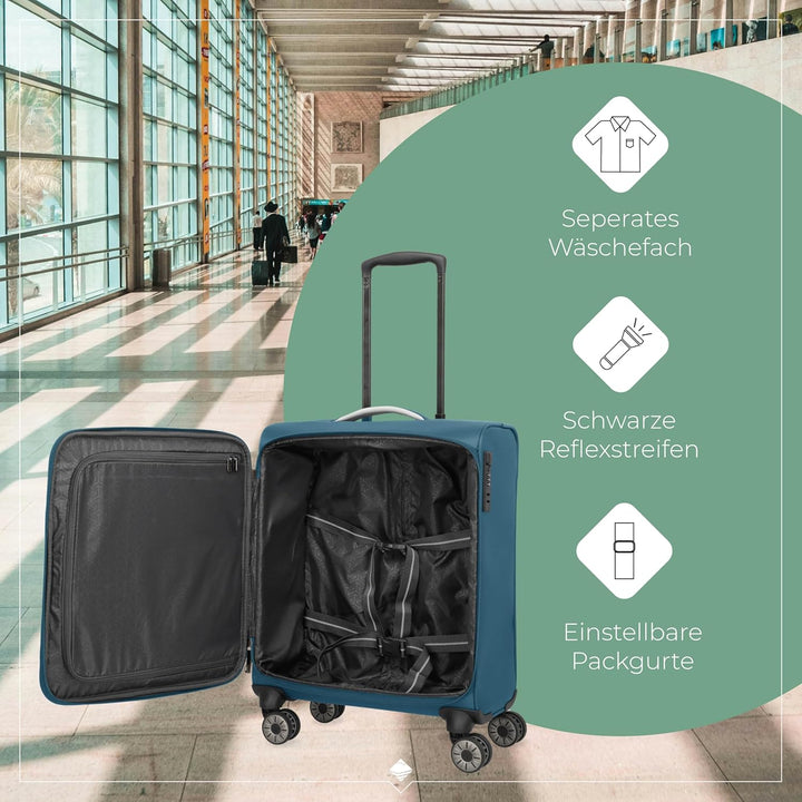 travelite Handgepäck Koffer mit 4 Rollen für Lufthansa, Austrian + Swiss, integriertes Zahlenschloss
