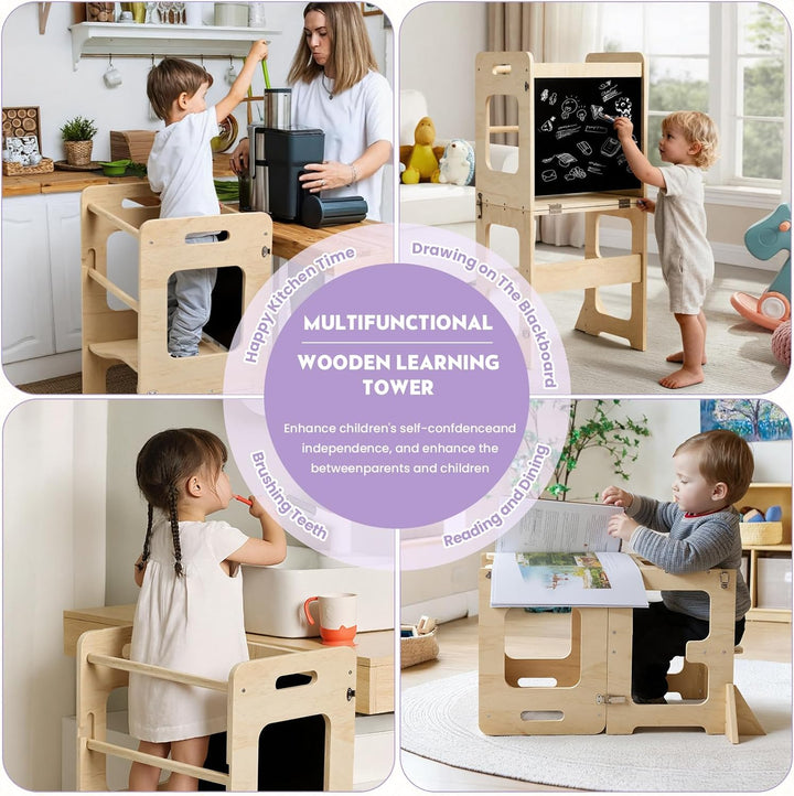 Labebe Lernturm für Kinder, Faltbarer Montessori Learning Tower, 3 in 1 Montessori Küchenhelfer Lern