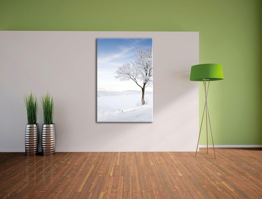 Pixxprint Baum im Schnee, Format: 100x70 auf Leinwand, XXL riesige Bilder fertig gerahmt mit Keilrah