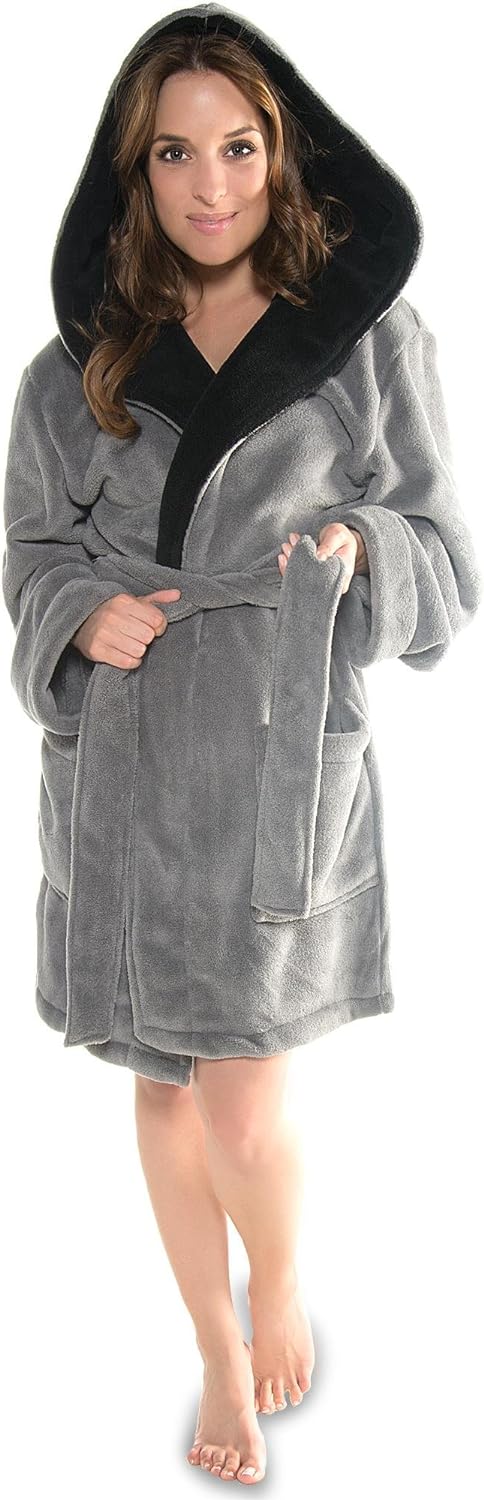 CelinaTex XS-XXXL Bademantel Kapuze zweifarbig kurz aufgesetzte Taschen Damen Mikrofaser Kuschelflee