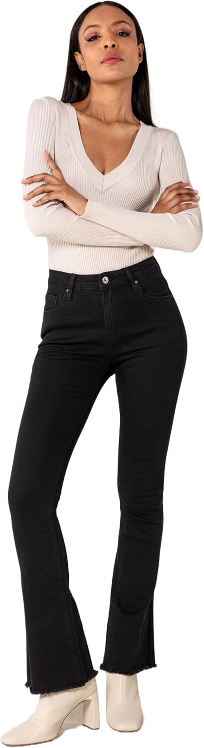 Nina Carter Damen Bootcut Jeans im Retro-Stil Mid Waist Stretchjeans Jeanshosen Used-Look Schlaghose