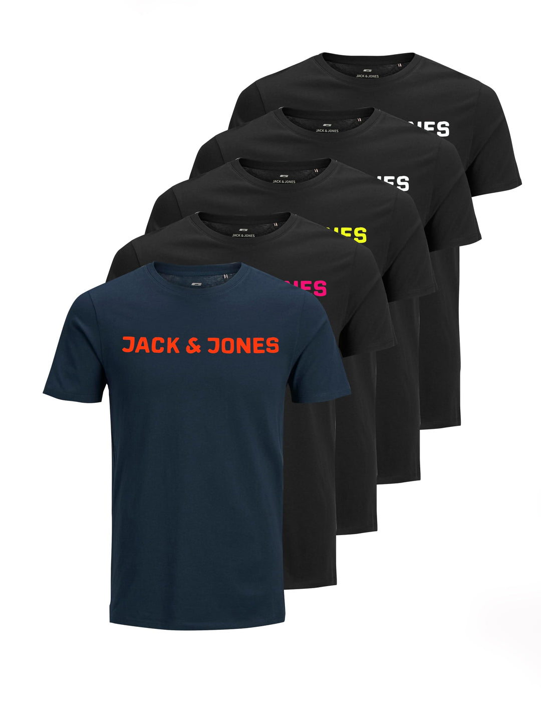 JACK &amp; JONES Male T-Shirt 3er-Pack Logo T-Shirt XS 5er Pack (4x Schwarz, Blau), XS 5er Pack (4x Schw