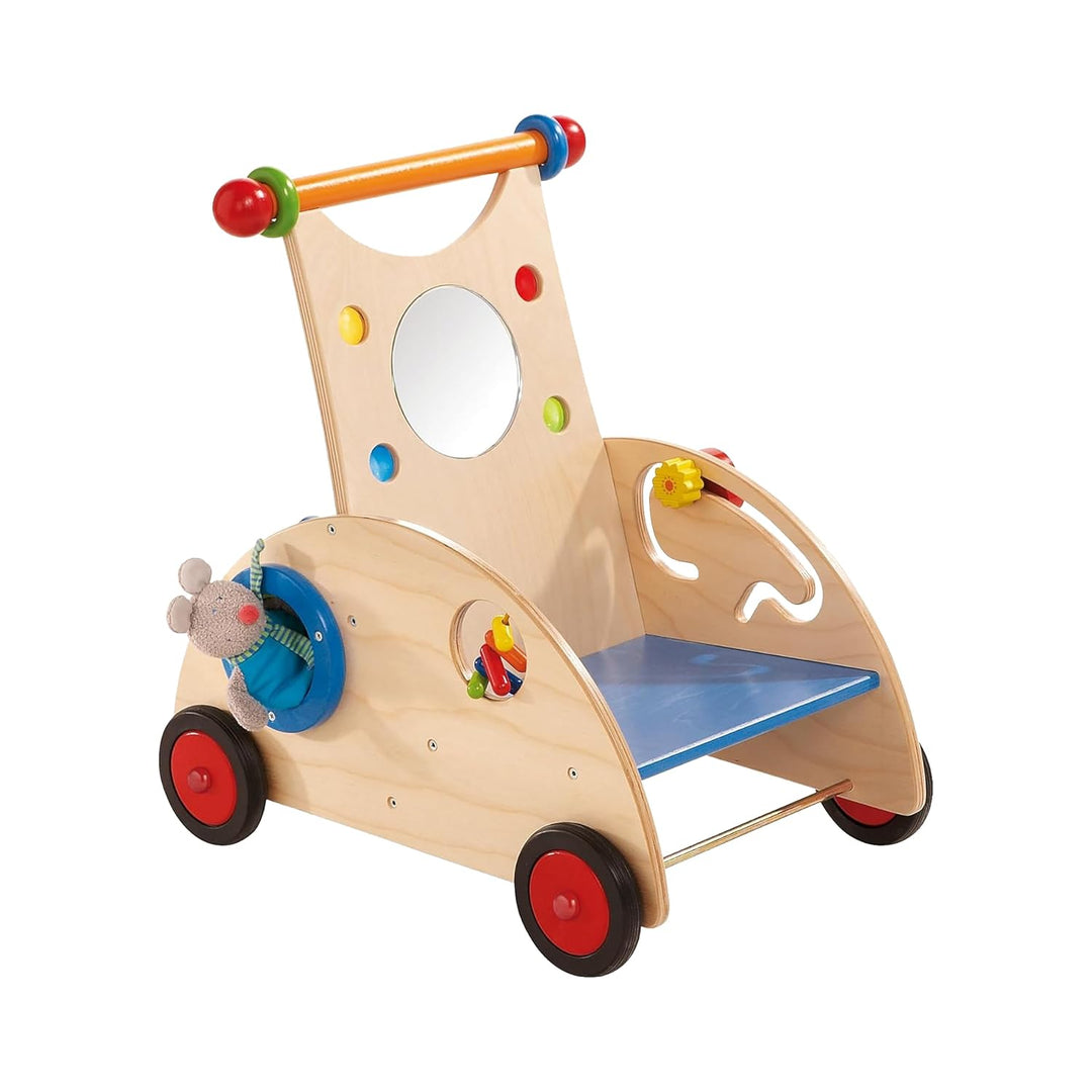 HABA 902 - Entdeckerwagen, stabiler Lauflernwagen aus Holz mit Stoffmaus, Mausversteck und vielen Sp