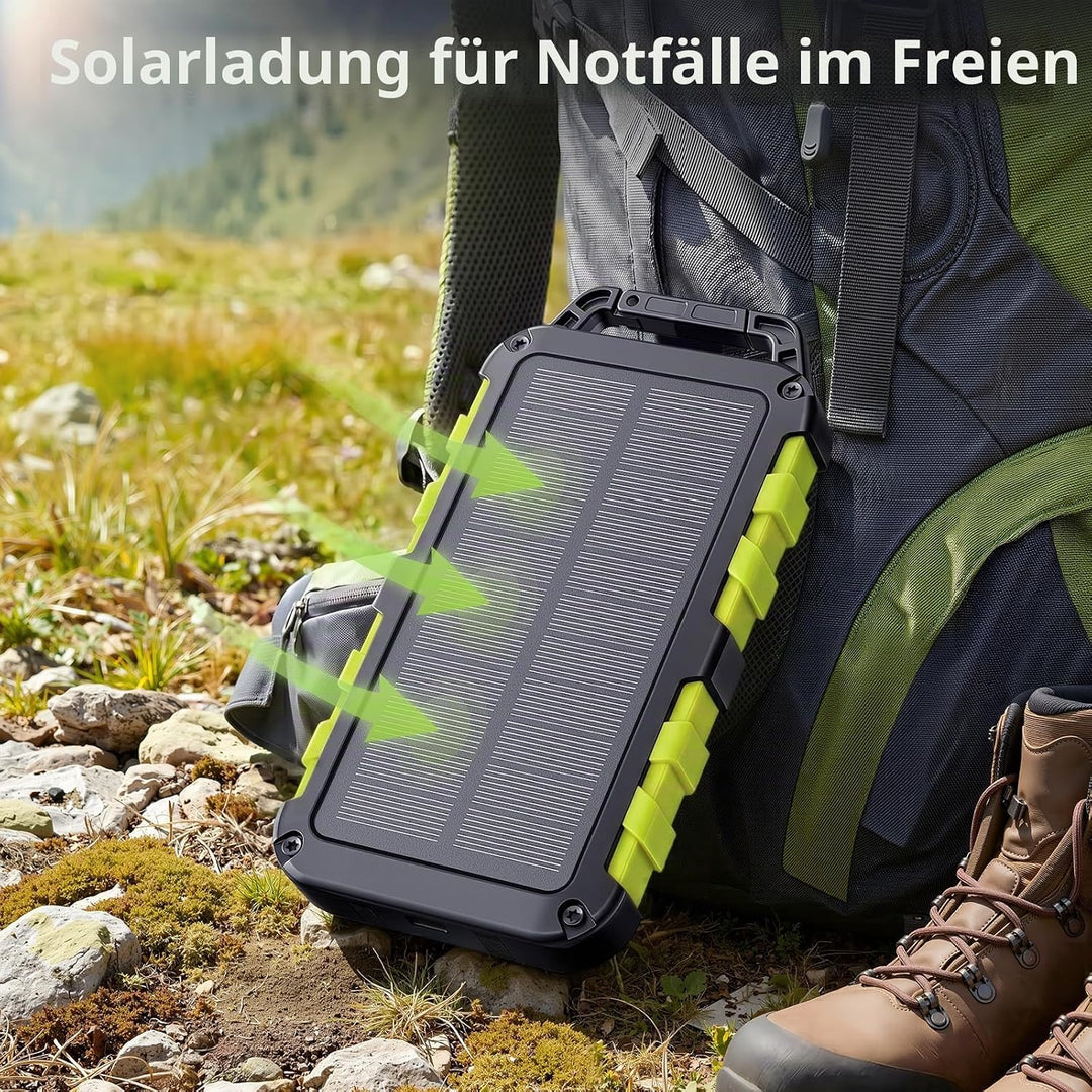 Solar Powerbank 10000mAh PD 22,5W Schnellladung IPX6 Wasserdicht, 3 Ausgangsports, LED-Leuchte mit 3