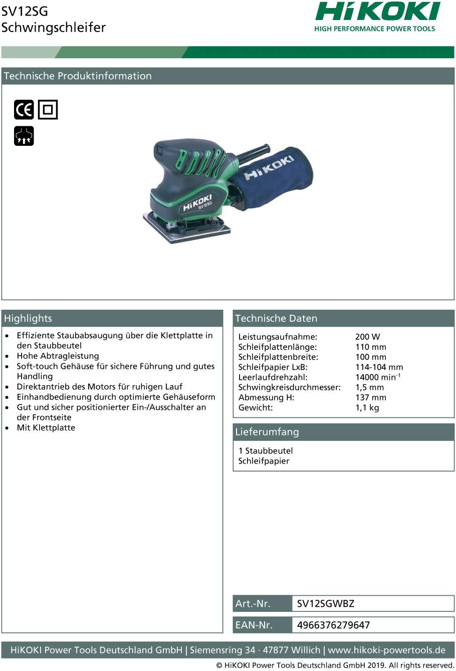 HIKOKI Schwingschleifer (200 Watt, 230 V, Leerlaufdrehzahl 14.000 min-1, Schwingkreis-Ø 1,5 mm, hohe