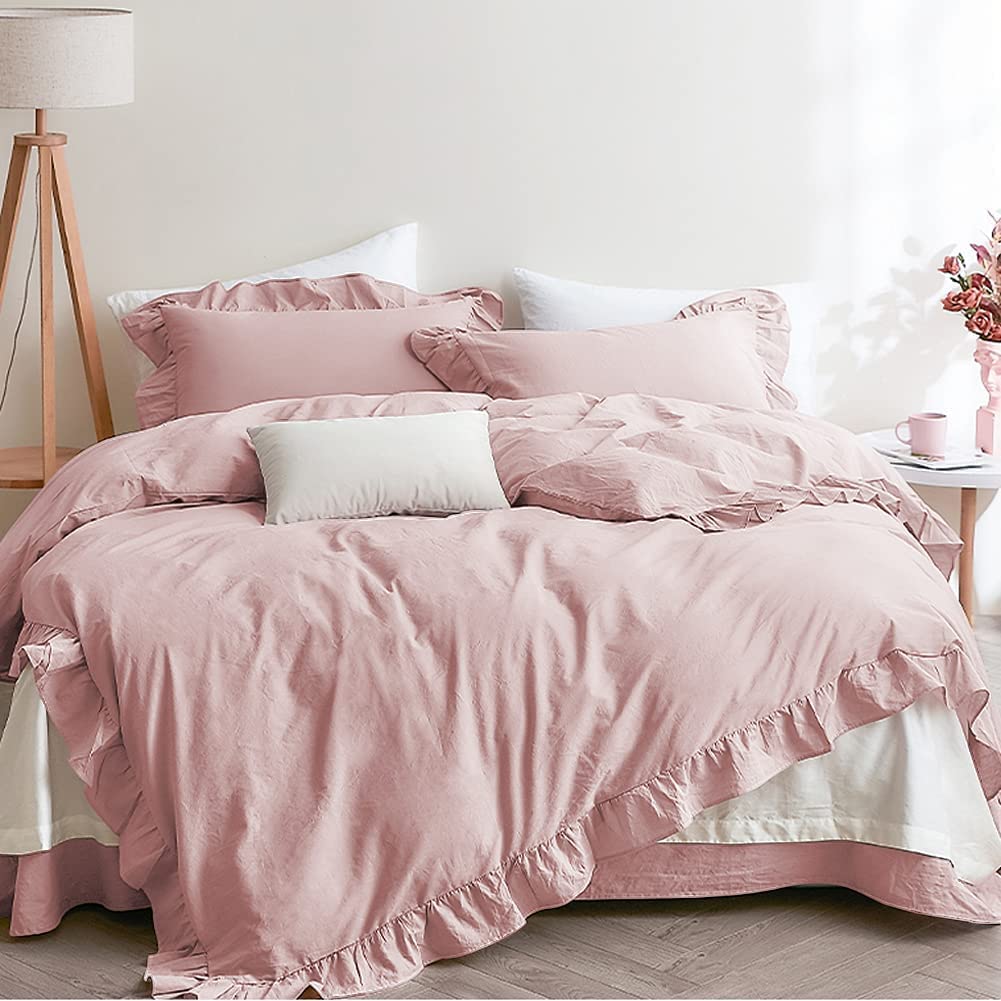 Lanqinglv Rüschen Bettwäsche 155x220cm 2 Teilig Rosa Mädchen Mikrofaser Renforce Bettbezug Deckenbez