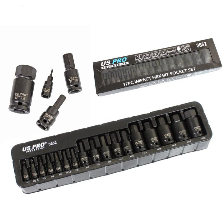 US PRO INDUSTRIAL Schlagschrauber-Bit-Steckschlüssel-Set, gemischter Antrieb, 2 mm – 22 mm, 17-teili